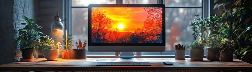 Fototapeta premium Modern workspace with colorful display, natural ambient lighting, medium shot, stylish and creative