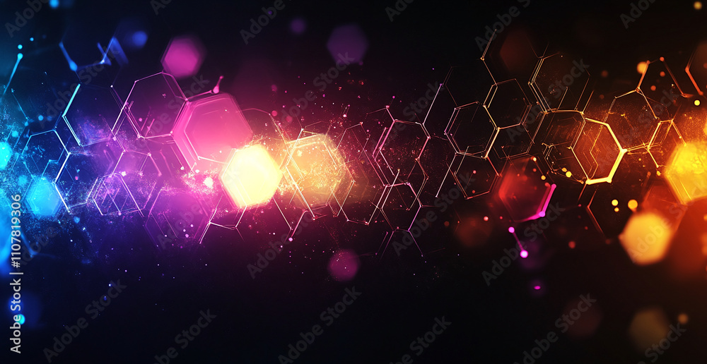 Poster Colorful abstract geometric pattern in vibrant hues with glowing effects highlighting hexagonal shapes