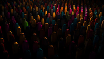 Obraz premium A mesmerizing aerial view of countless vibrantly colored objects densely packed together, bathed in dramatic, contrasting light and shadow.