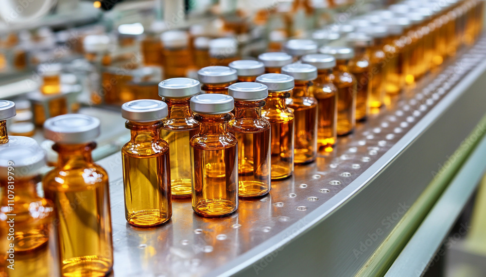 Aufkleber bottles of amber liquid on a production line in a lab