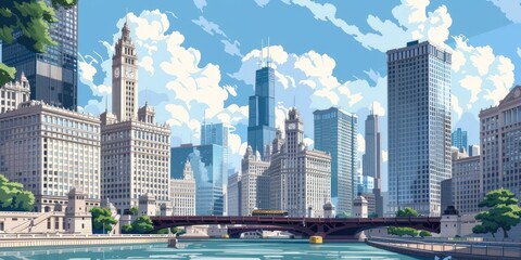 Obraz premium A vibrant cityscape featuring skyscrapers, a river, and a bridge under a bright sky.