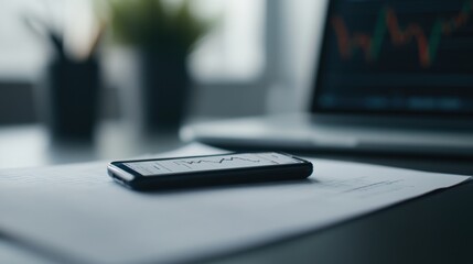 A smartphone displaying data charts rests on a desk next to a laptop, emphasizing a modern workspace focused on analytics and productivity.