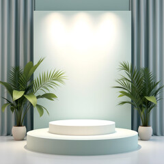 Obraz premium Podium with Palm Trees and Curtains: A Serene Product Showcase, Minimalist Product Stand: Podium with Palm Trees and Curtains