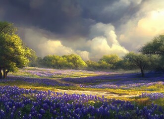 Fototapeta premium A Serene Landscape of Lush Purple Wildflowers Under a Cloudy Sky with Golden Sunlight Peeking Through, Capturing Tranquility and Natural Beauty in High Definition