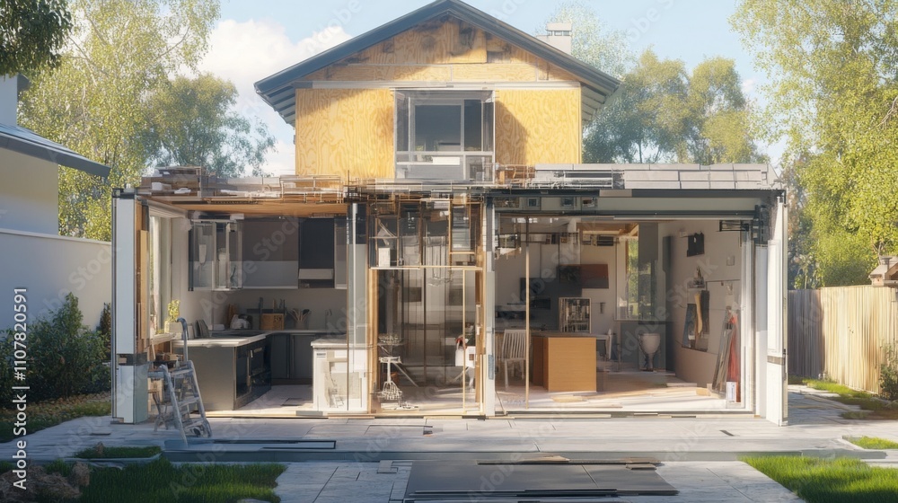 Poster bright and airy home construction reveals an open floor plan and a blend of modern materials. worker