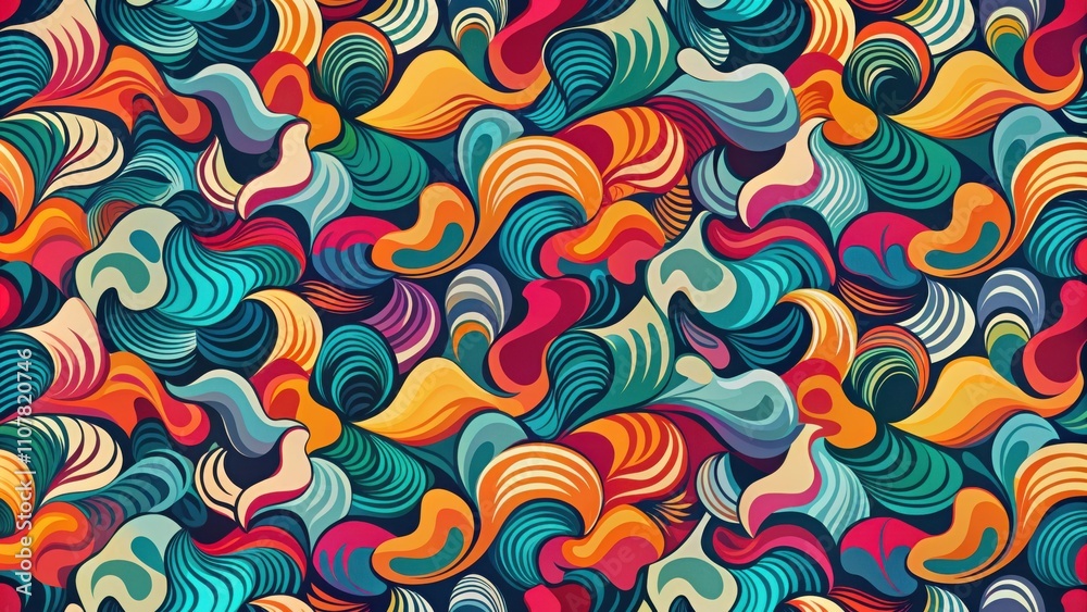 Poster vibrant swirling abstract pattern of intertwined shapes in bold colors