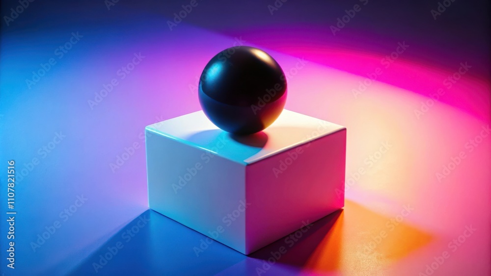 Aufkleber a black sphere resting atop a white cube, bathed in vibrant blue and pink light, creating a dynamic 