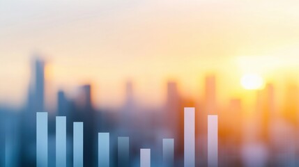 A blurred cityscape at sunset with abstract bar graphs symbolizing growth and progress in business or finance.
