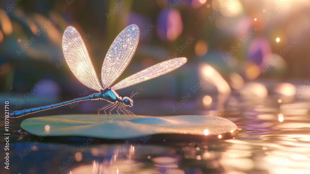 Aufkleber shimmering dragonfly on lily pad at sunset with soft reflections