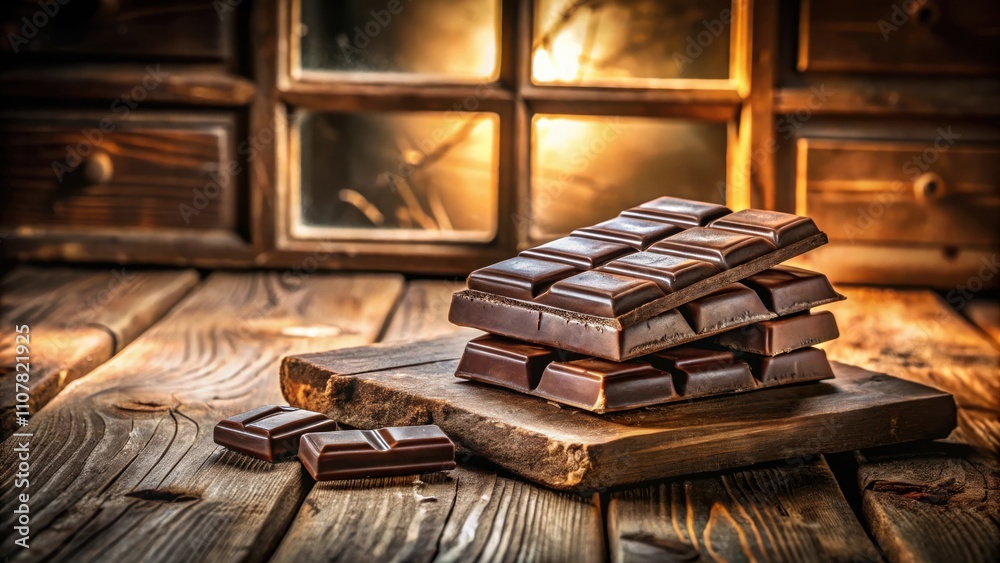 Poster a stack of rich dark chocolate bars on a rustic wooden cutting board, bathed in the warm glow of a w
