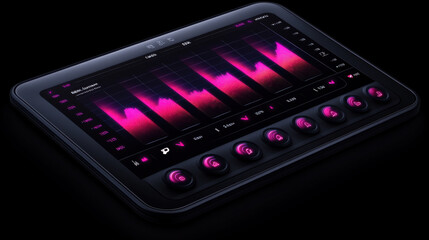 digital tablet displaying vibrant audio equalizer graph with controls. interface features colorful waveforms and buttons, creating modern tech aesthetic