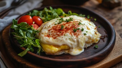 Delicious Plate of Creamy Omelette with Fresh Vegetables and Herbs