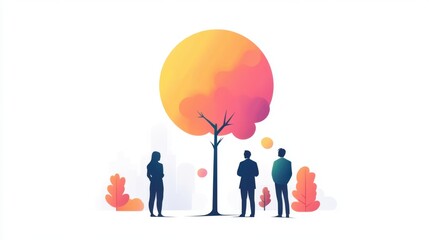 Three silhouetted figures stand near a colorful tree, with a large, vibrant sun in the background, evoking a sense of contemplation and nature.