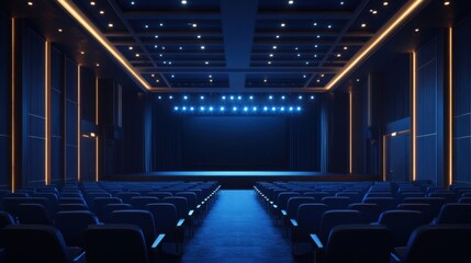Naklejka premium A modern theater interior featuring rows of seats, dim lighting, and a stage illuminated by blue lights, creating a dramatic ambiance.