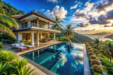 Fototapeta premium Indulge in a luxurious villa retreat surrounded by lush landscapes and breathtaking views, offering a serene, secluded summer escape in paradise. Experience tranquility and elegance.