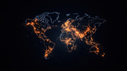A glowing world map with illuminated outlines and fiery accents against a dark background, symbolizing connectivity and data flow.