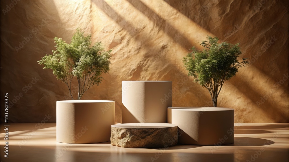 Poster natural light casts shadows on a set of cylindrical platforms with a rough stone platform in the cen
