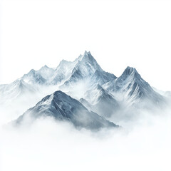 Majestic mountain peaks rise above sea of clouds, creating serene and tranquil landscape. pristine white background enhances beauty of snow capped mountains, evoking sense of peace and wonder