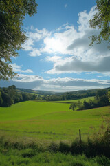 Fototapeta premium A peaceful meadow, bright green grass beneath a flawless sky with gentle clouds overhead,