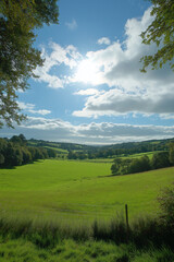 Fototapeta premium A peaceful meadow, bright green grass beneath a flawless sky with gentle clouds overhead,