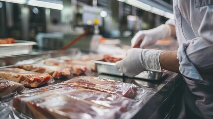 Obraz premium photograph of Meat factory worker pack the meat into the plastic foil on the machine at food factory.