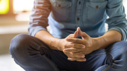 a man in a yoga pose, a man crossed his arms, thinks he solves problems