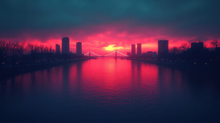 Naklejka premium stunning sunset over river, with silhouettes of buildings and trees reflecting in water, creating serene and vibrant atmosphere
