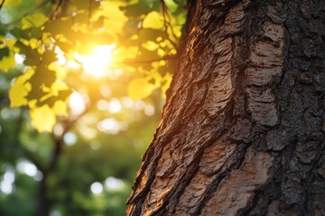 Obraz premium Sunlit tree bark texture with blurred foliage background.