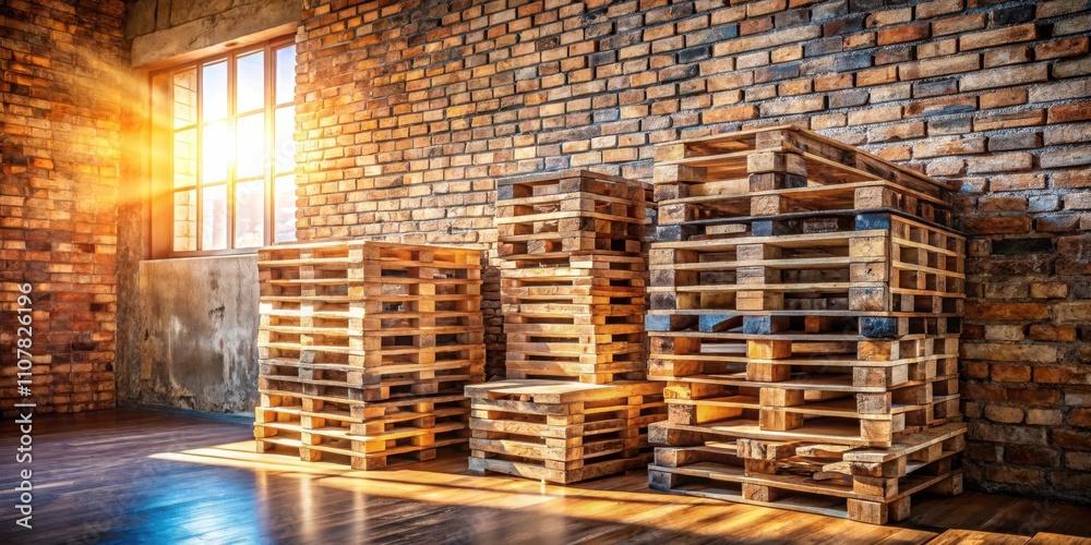 Poster sunlight streaming through a window illuminates a stack of wooden pallets against a brick wall.