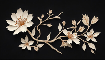 flat papercut style, a piece of art with white flowers on a black background