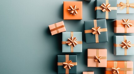 Obraz premium Assorted gift boxes with orange and teal wrapping and gold ribbons on a teal background, arranged in an artistic pattern.