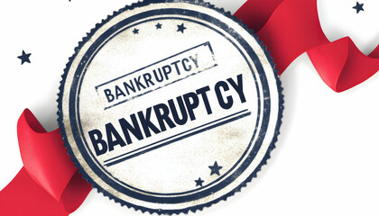 Grunge-style bankruptcy stamp with red ribbon; ideal for articles on financial insolvency, debt, or economic downturns.