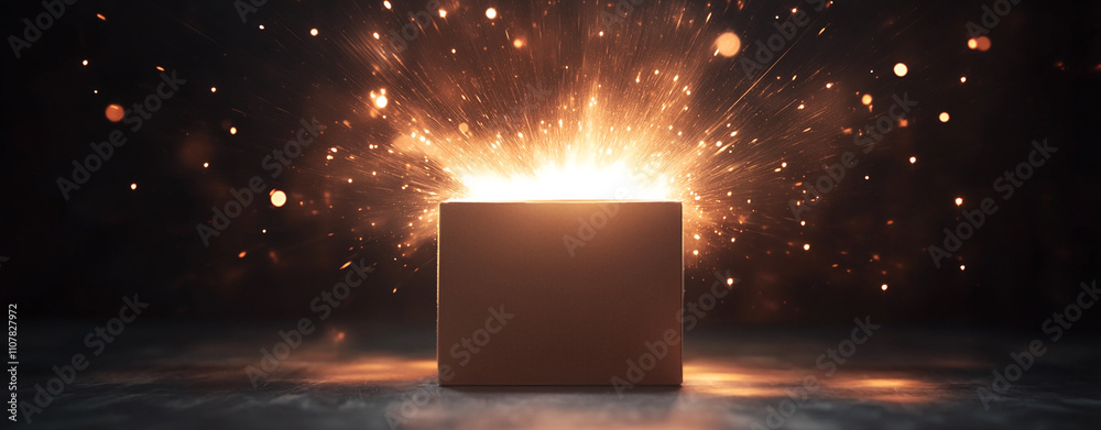 Poster celebration of light as sparks erupt from an opened box in a darkened environment during a festive m