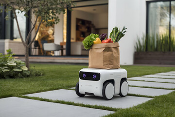 Modern house with food delivery robot carrying fresh vegetables in the garden