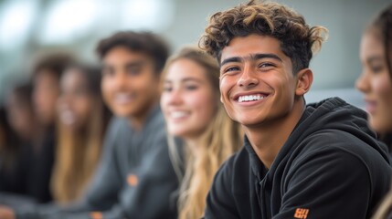 Fototapeta premium Smiling Teenager Among Friends, Youth, Happiness, Diversity, Friendship, Portrait