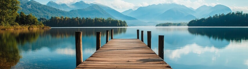 Rustic Dock by Tranquil Lake, a serene wooden structure extends into calm waters, reflecting gentle ripples, framed by majestic mountains in a peaceful natural setting