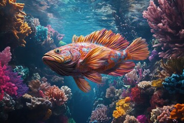 A large fish swims elegantly amidst a vibrant reef filled with various corals