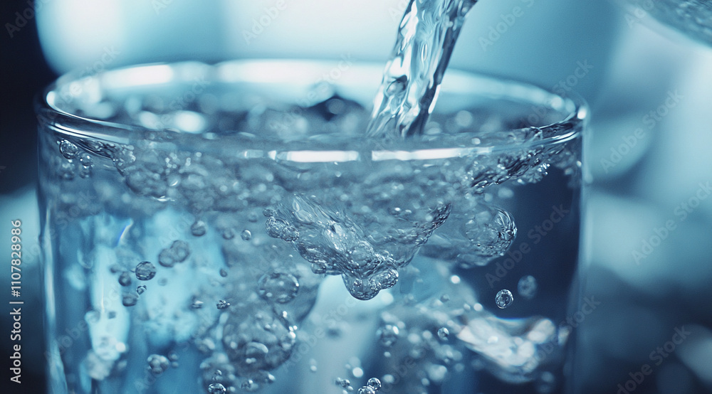 Aufkleber fresh water is poured into a glass filled with bubbles at a serene setting
