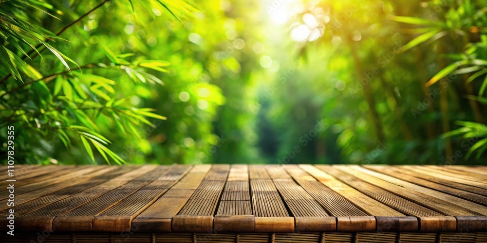 Poster a natural bamboo tabletop with a soft-focus backdrop of vibrant green foliage, sunlight filtering th