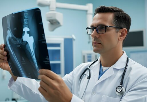 Doctor Examining Hip Replacement X-ray in Hospital Radiology Room, Healthcare Concept