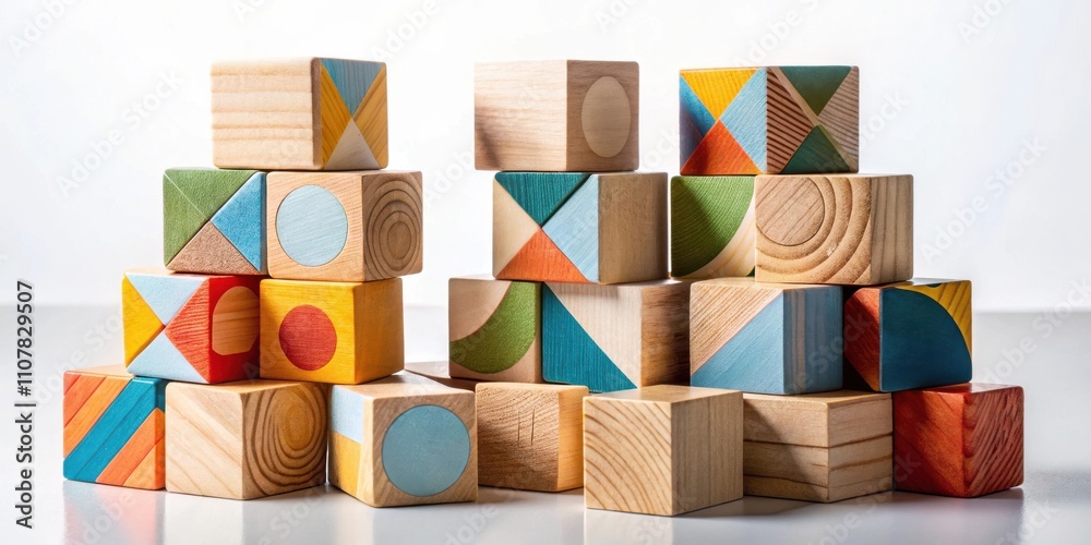 Aufkleber a vibrant collection of wooden blocks, each painted with geometric shapes and colors, creating a vis