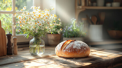 Obraz premium A rustic kitchen scene featuring a wooden table with freshly baked bread and a vase of wildflowers, illuminated by sunlight streaming through the window.