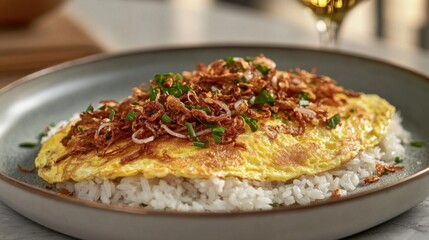 Delicious omelet served on bed of white rice with crispy toppings