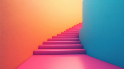 Fototapeta premium A vibrant staircase leads upwards, blending shades of pink, orange, and blue against a minimalist background.
