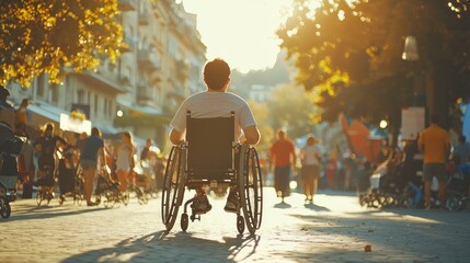Obraz premium Man in Wheelchair on Sunny City Street Disability Urban Life Accessibility