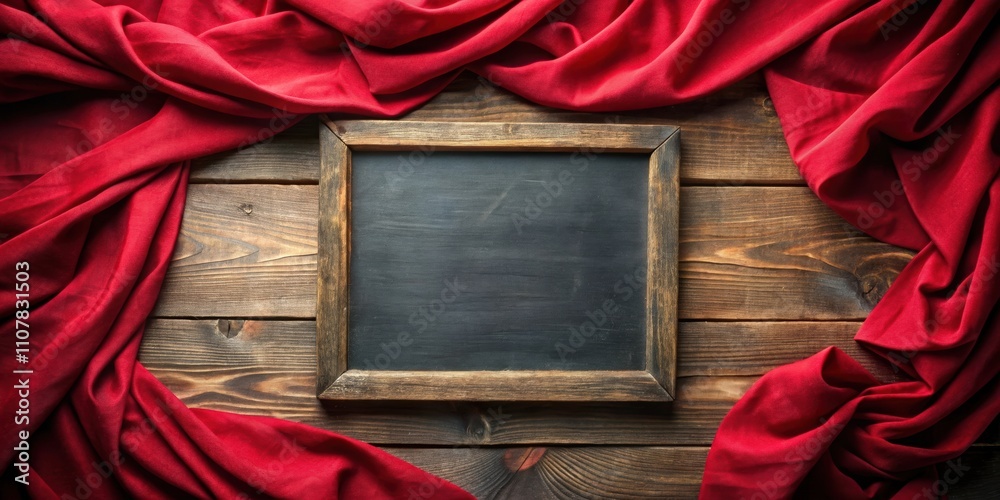 Aufkleber a dark wood surface with a framed chalkboard and a red fabric draped on each side