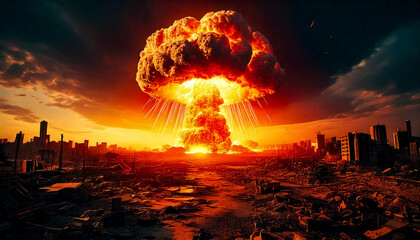 Atomic explosion with bright orange glow against the background of a destroyed apocalyptic urban landscape, the shock wave from the explosion destroys buildings