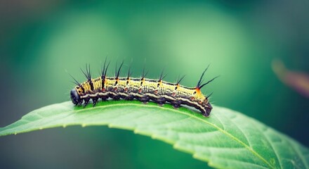Fototapeta premium Vibrant caterpillar on green leaf in natural habitat
