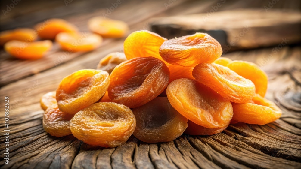 Poster a pile of dried apricots on a rustic wooden surface, displaying their vibrant orange hue and wrinkle