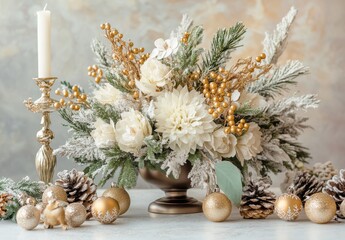 Elegant Christmas Floral Arrangement with White Flowers, Golden Accents, Pinecones, and Candle on a Light Background, Perfect for Holiday Decor and Celebrations